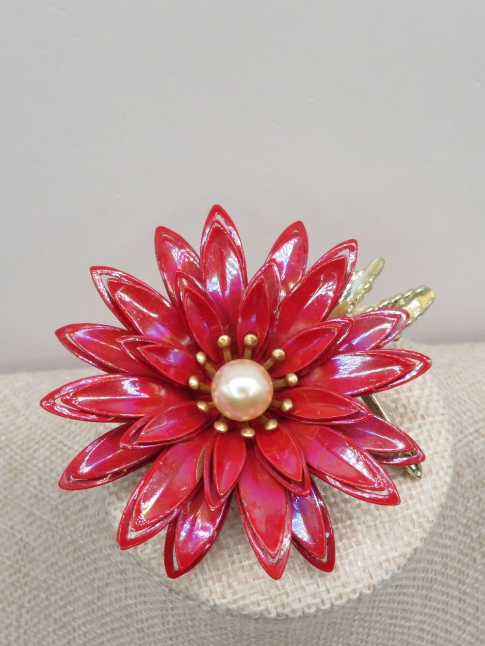 Vintage Red Iridescent Faux Pearl Accent Flower Brooch